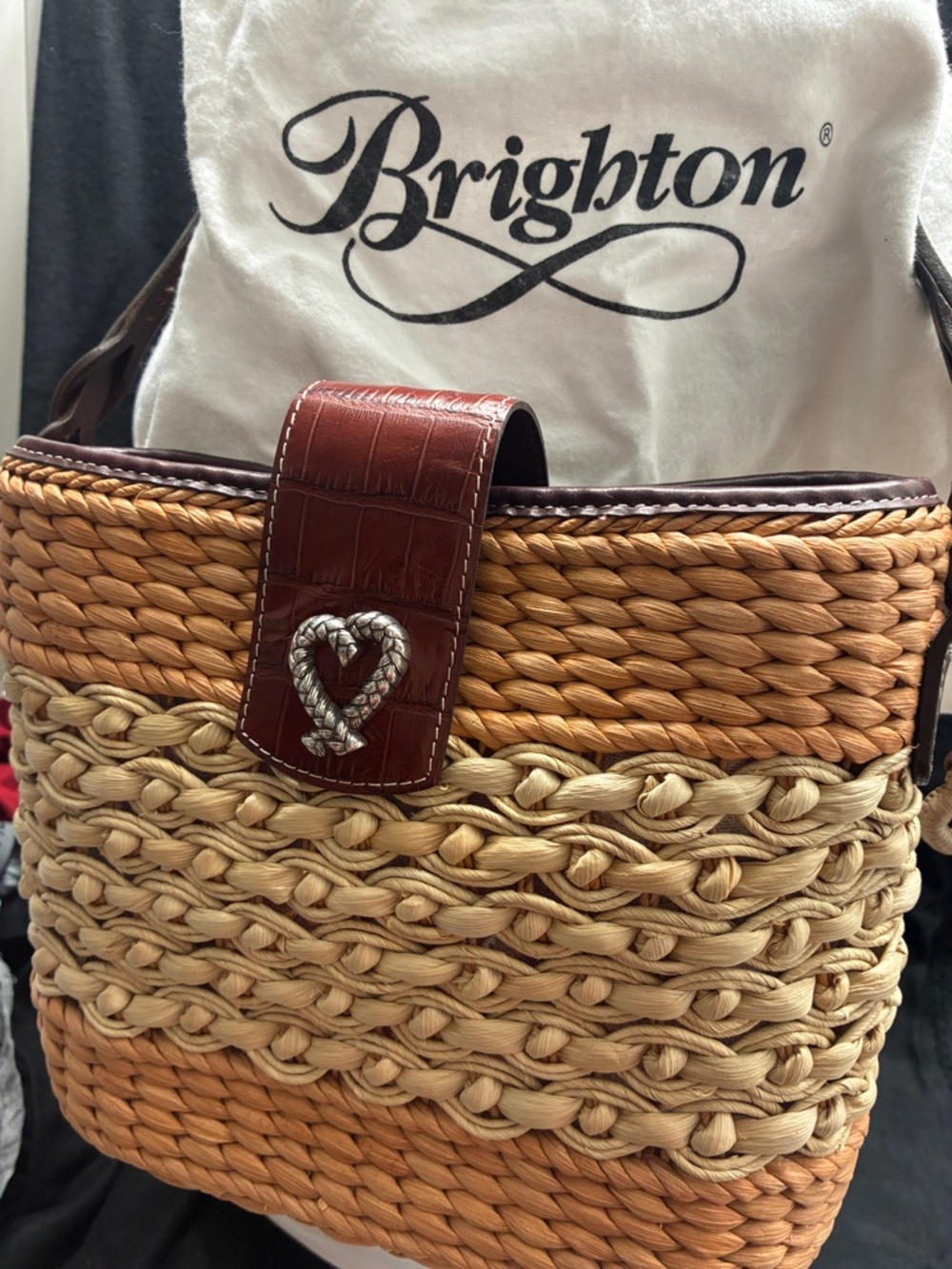 Brighton Braided Straw Tote with Brown Leather Trim, comes with Brighton bag.